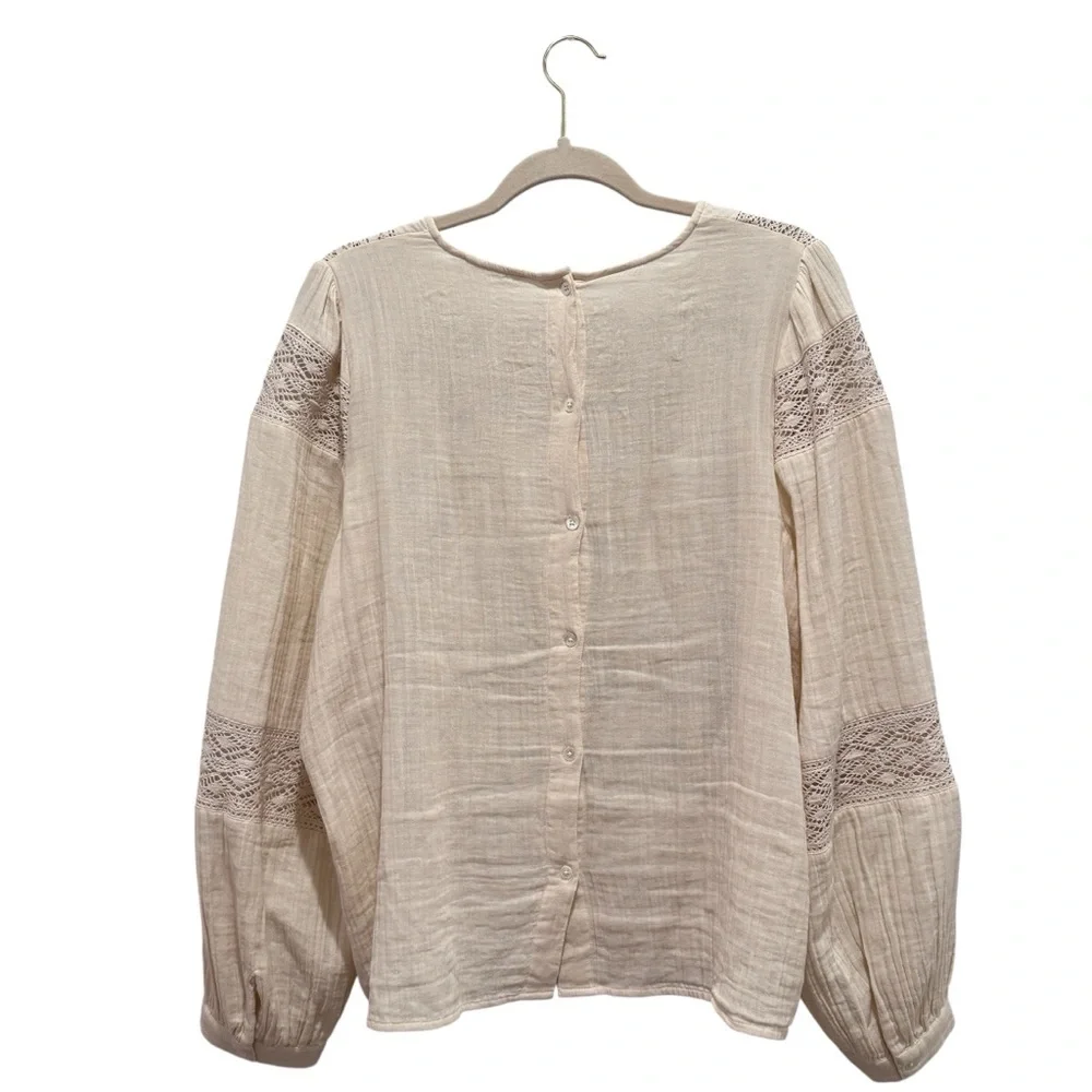 Indi & Cold Cotton Gauze Long Sleeve Top Boho Cottage Prairie Peasant Cream XL